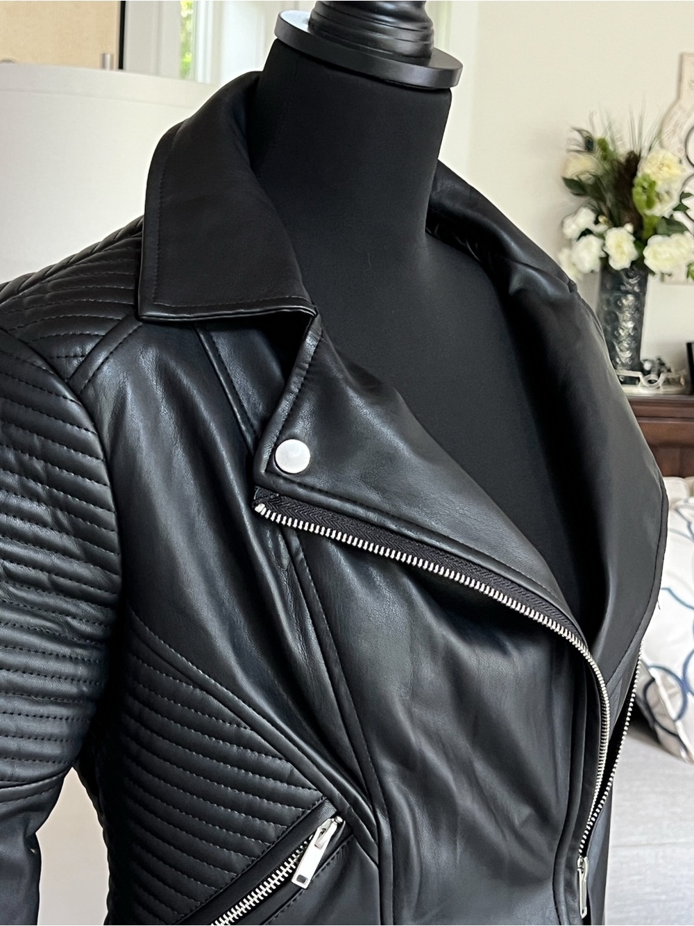 Bar III Black Faux Leather Moto Jacket with Silver Zippers - Picture 9 of 13